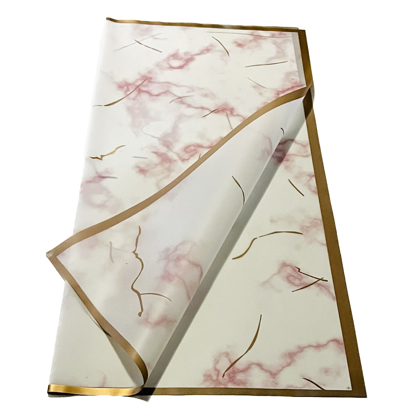 Emballage cellophane pour fleurs : Marbre rose et doré avec bordure dorée (paquet de 20)