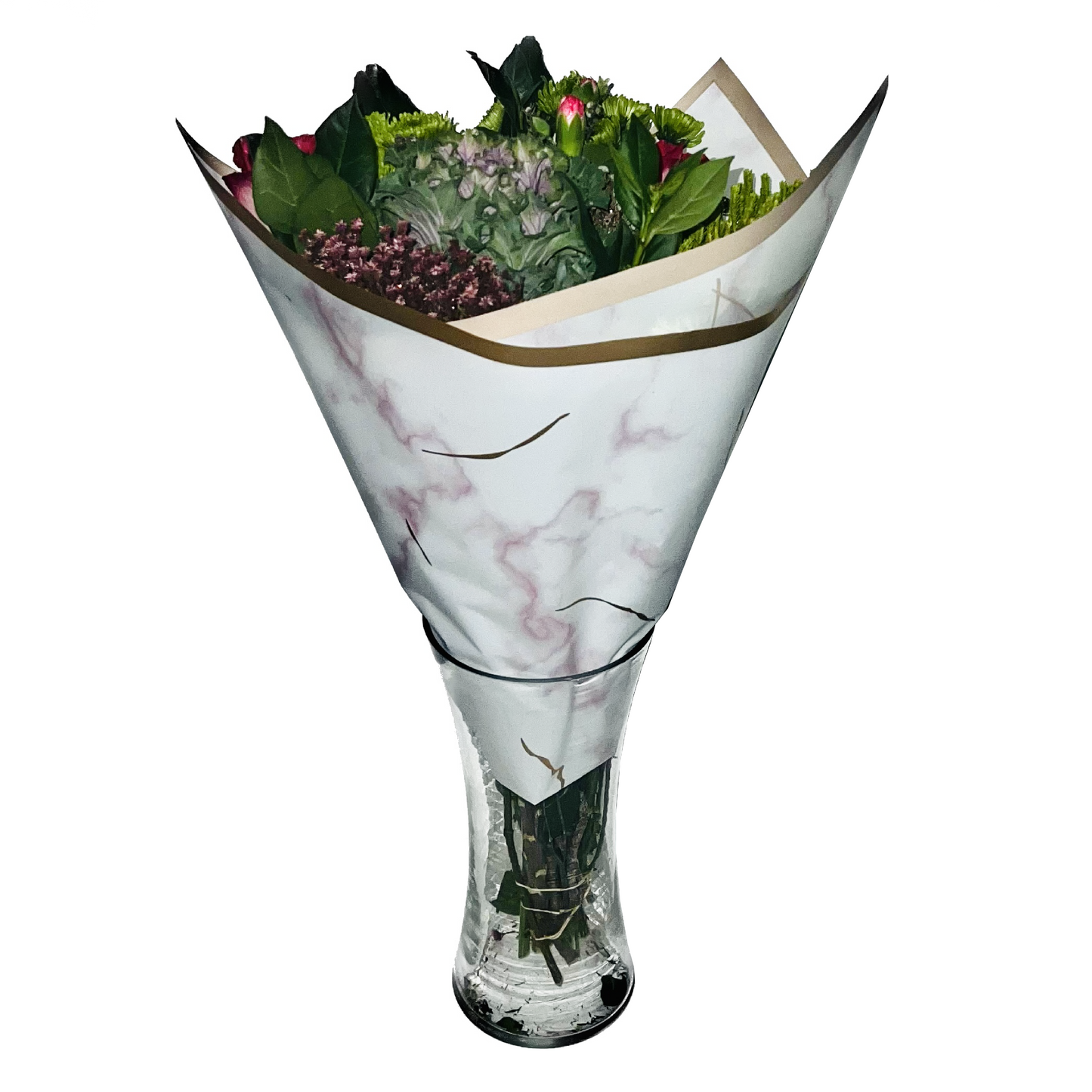 Emballage cellophane pour fleurs : Marbre rose et doré avec bordure dorée (paquet de 20)