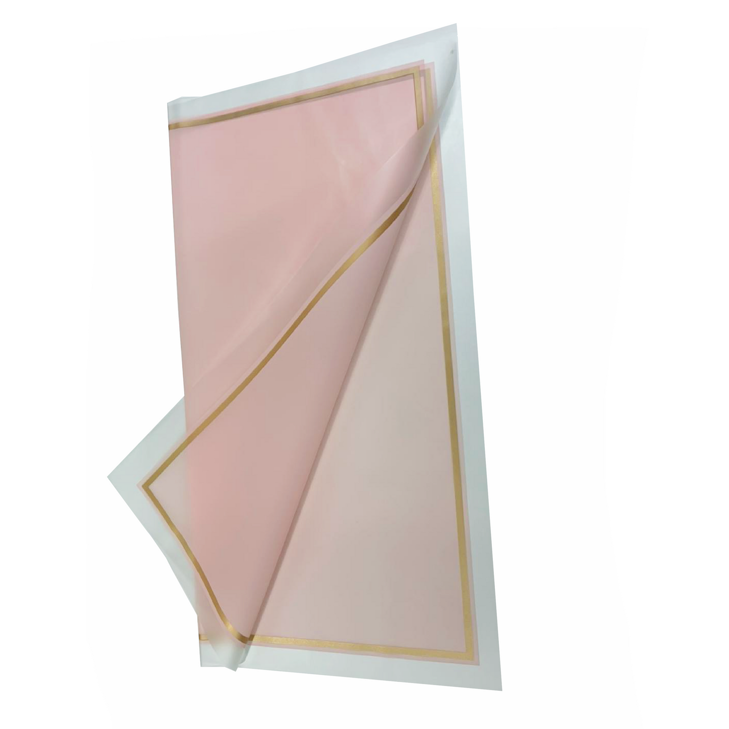 Emballage cellophane pour fleurs : rose transparent avec bordure givrée et bordure dorée (paquet de 20)