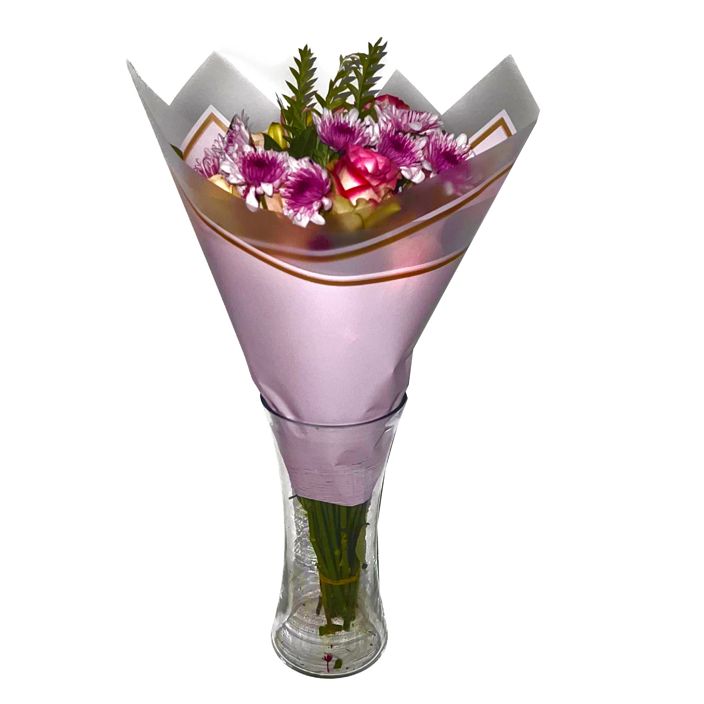 Emballage cellophane pour fleurs : rose transparent avec bordure givrée et bordure dorée (paquet de 20)