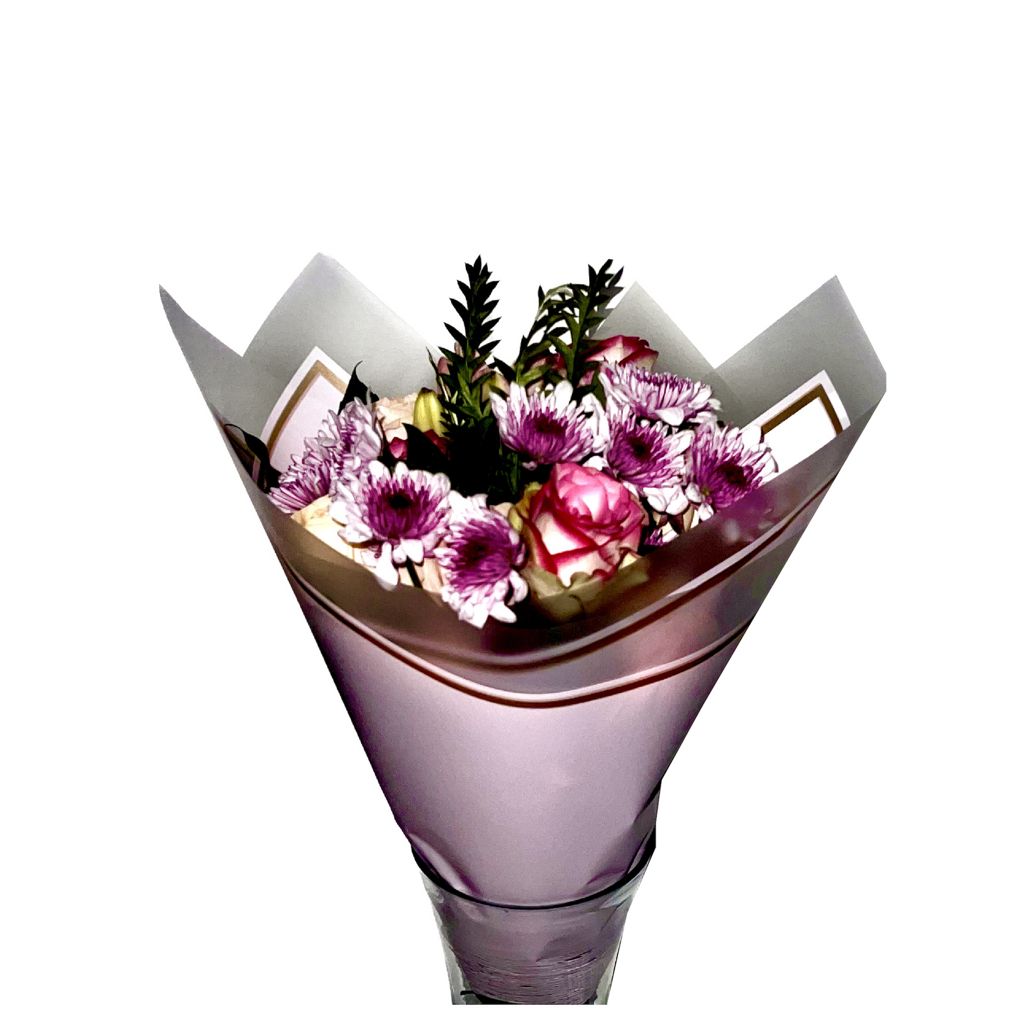 Emballage cellophane pour fleurs : rose transparent avec bordure givrée et bordure dorée (paquet de 20)