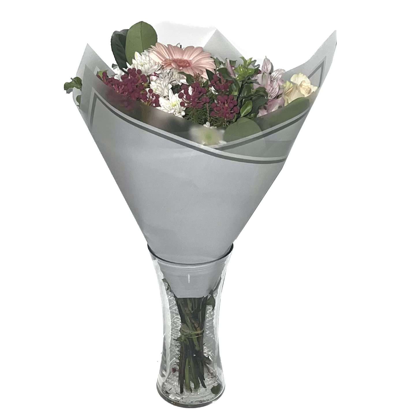 Emballage cellophane pour fleurs : rose clair transparent avec bordure givrée et bordure argentée (paquet de 20)