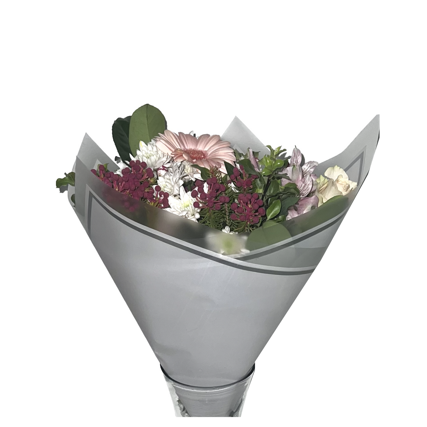 Emballage cellophane pour fleurs : rose clair transparent avec bordure givrée et bordure argentée (paquet de 20)