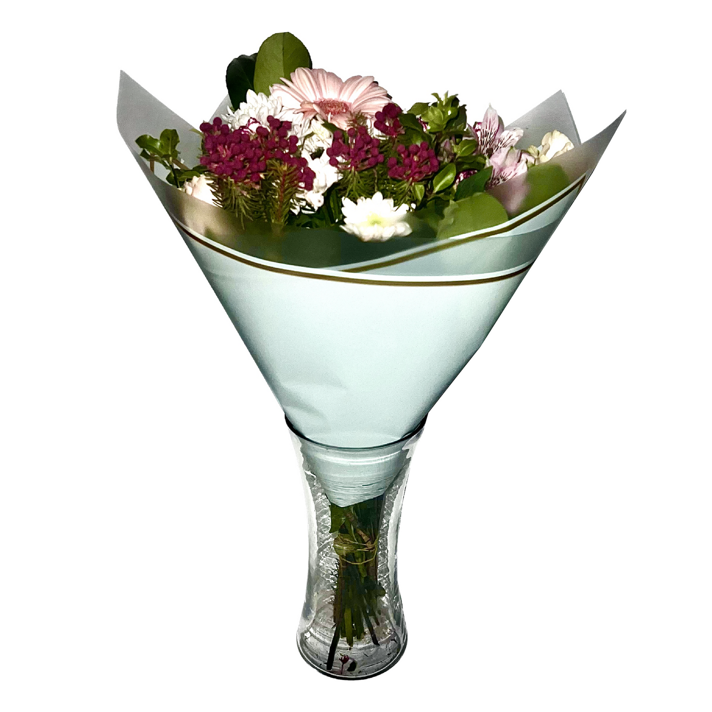Emballage cellophane pour fleurs : turquoise transparent avec bordure givrée et bordure dorée (paquet de 20)