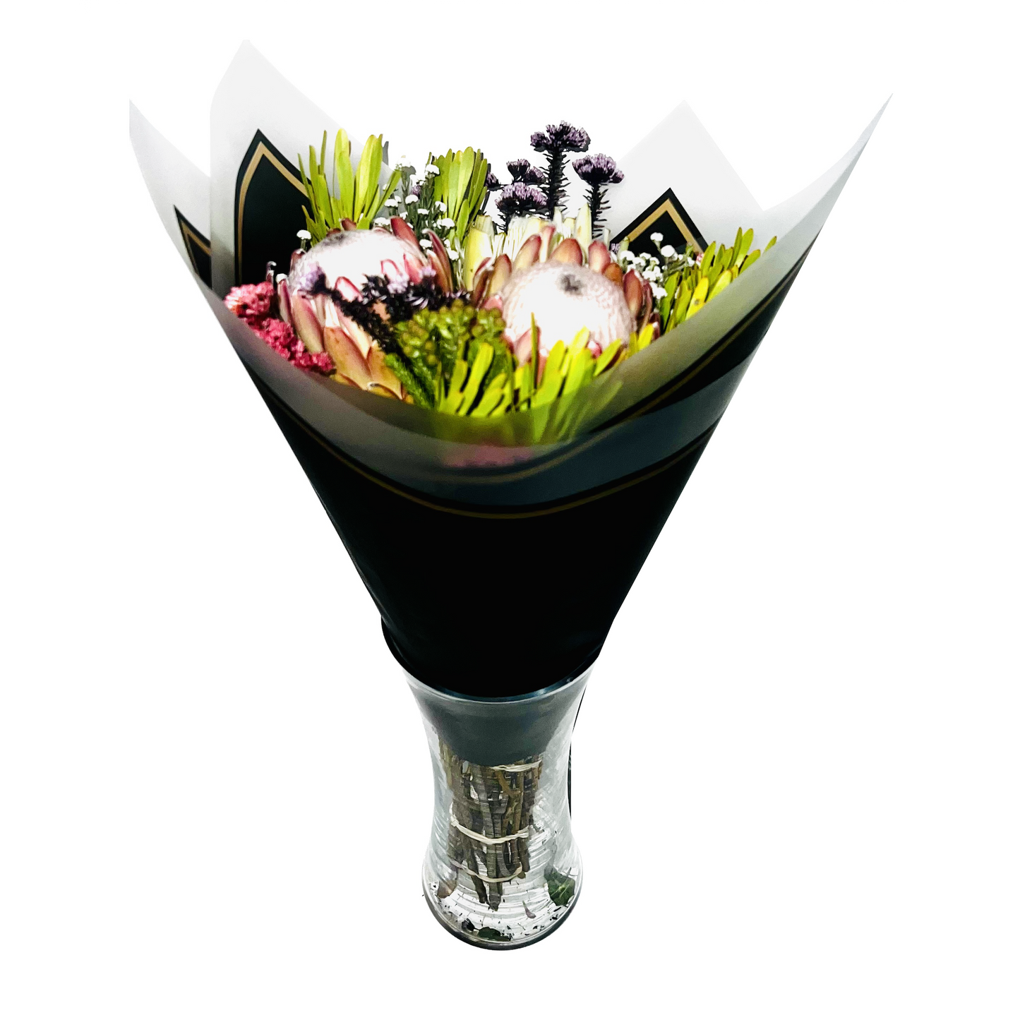 Emballage de fleurs en cellophane : noir semi-transparent avec bordure givrée et bordure dorée (paquet de 20)