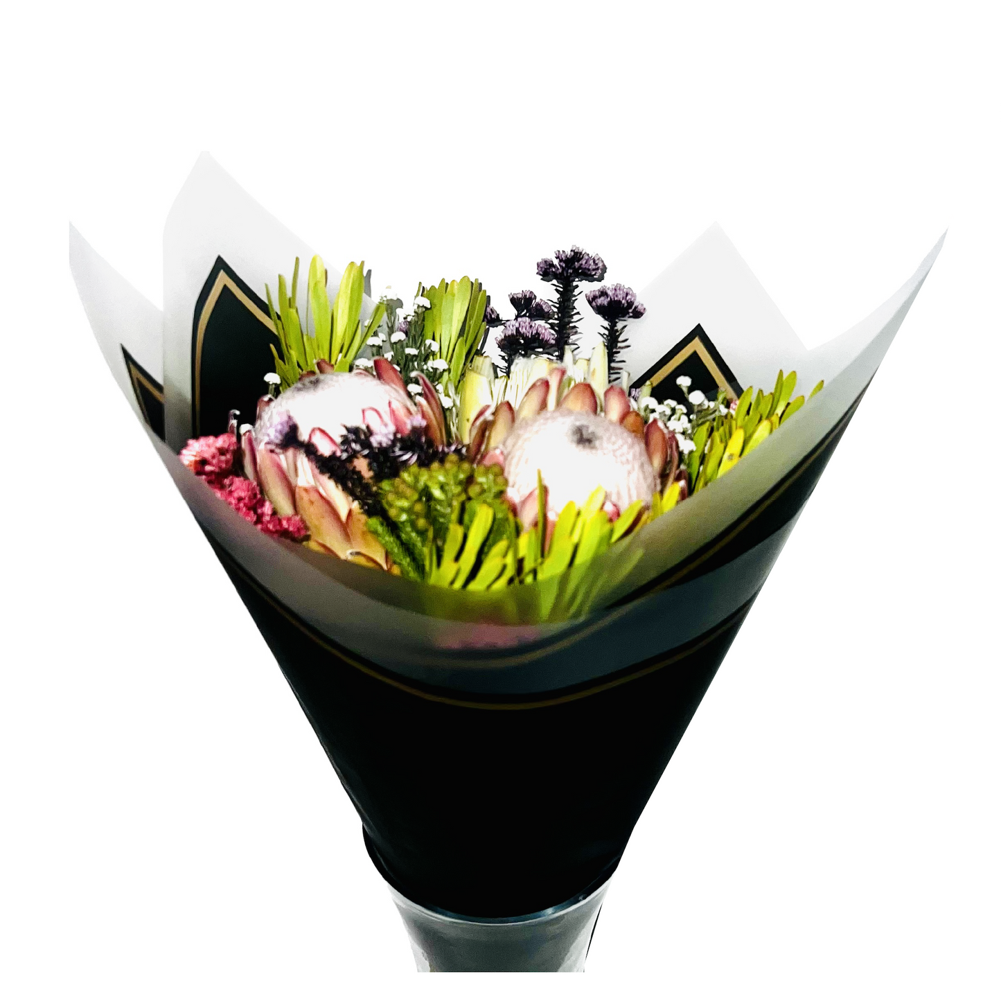 Emballage de fleurs en cellophane : noir semi-transparent avec bordure givrée et bordure dorée (paquet de 20)