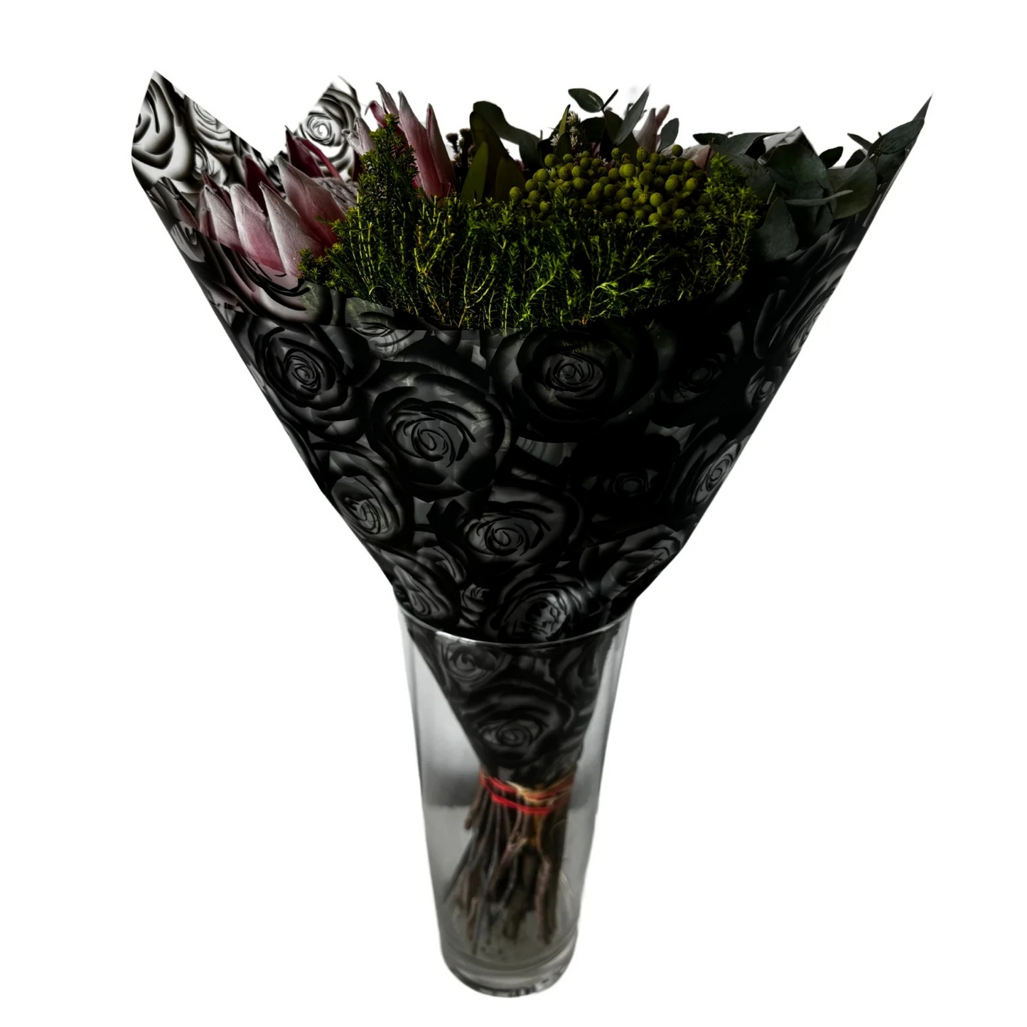 Emballage cellophane pour fleurs : imprimé rose noire transparente (paquet de 20)