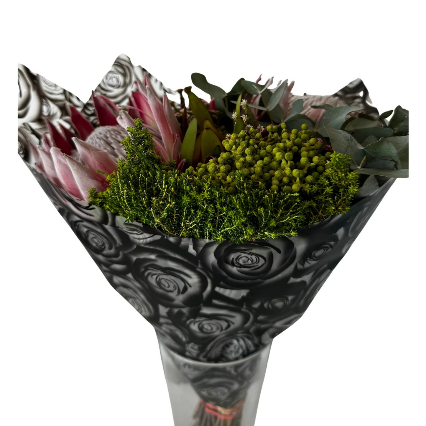 Emballage cellophane pour fleurs : imprimé rose noire transparente (paquet de 20)