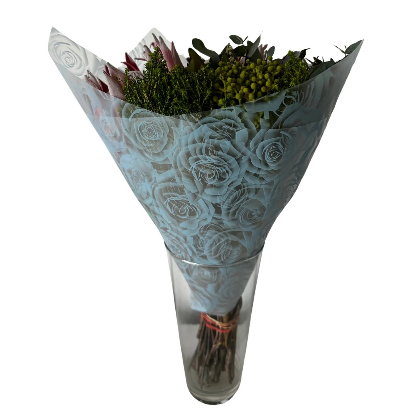 Emballage cellophane pour fleurs : imprimé rose bleu transparent (paquet de 20)