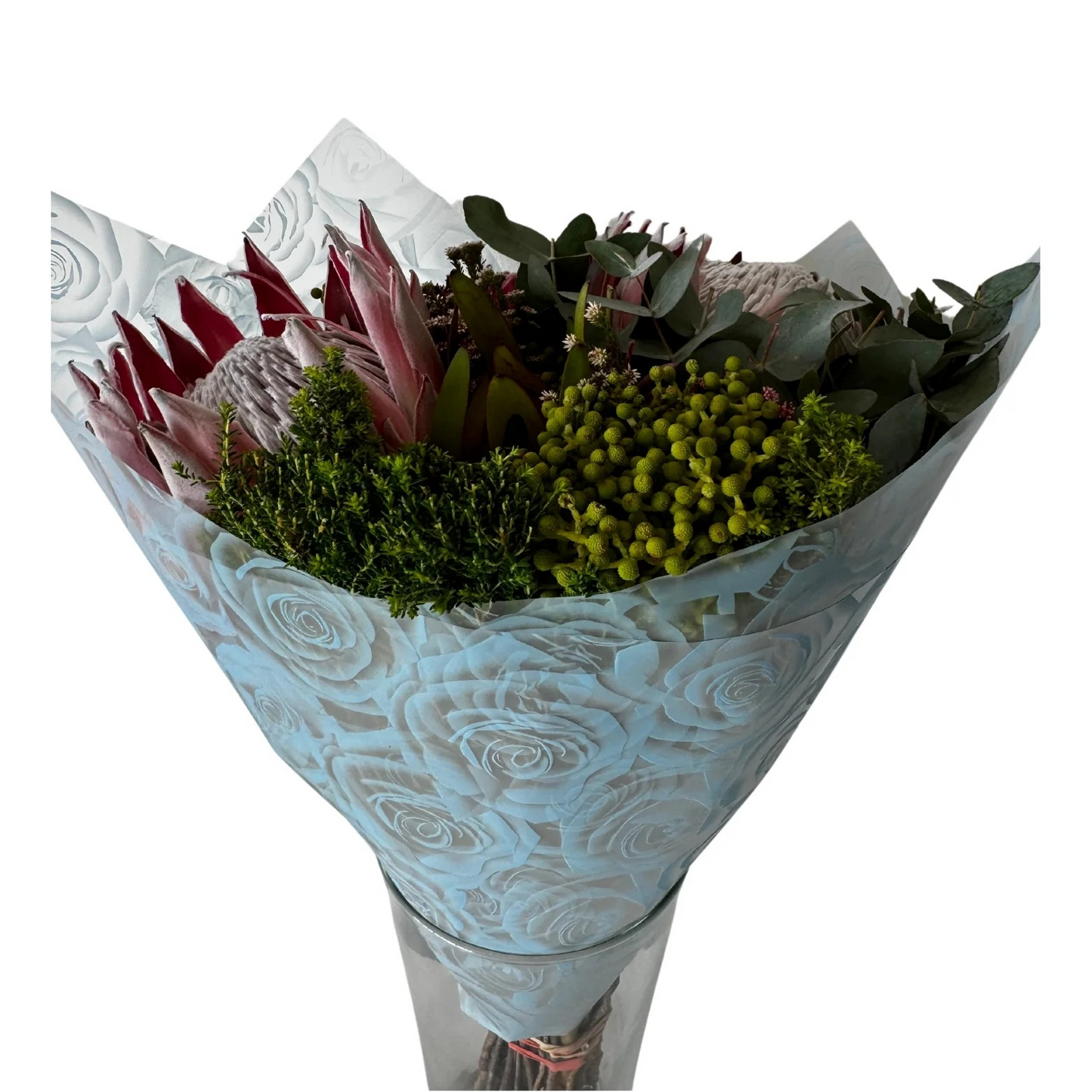 Emballage cellophane pour fleurs : imprimé rose bleu transparent (paquet de 20)