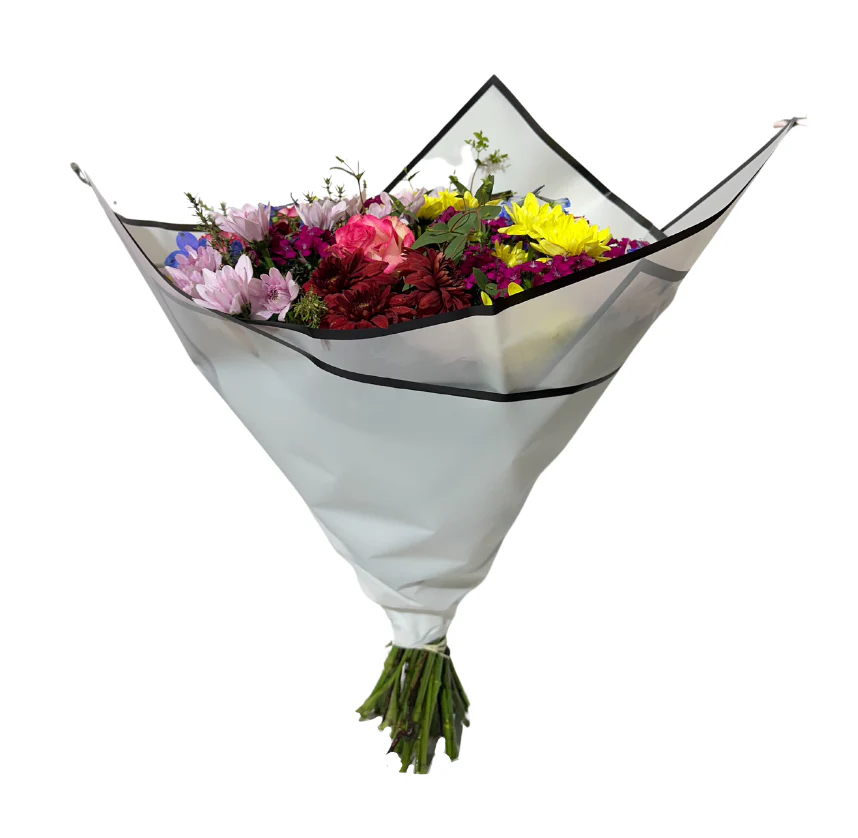 Emballage cellophane pour fleurs : blanc uni avec bordure noire (paquet de 20)