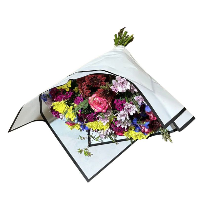 Emballage cellophane pour fleurs : blanc uni avec bordure noire (paquet de 20)
