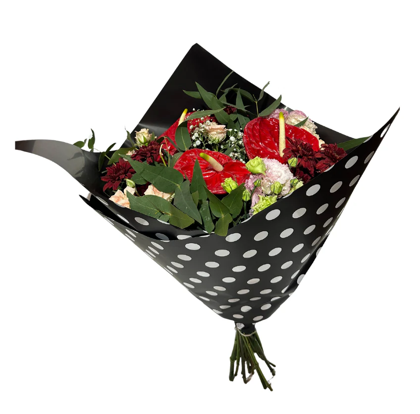 Emballage cellophane pour fleurs : pois noirs et blancs (paquet de 20)