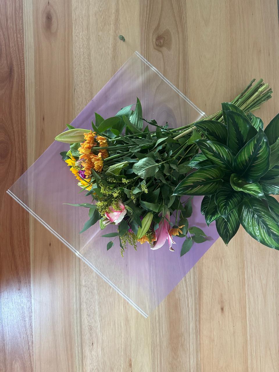 Emballage cellophane pour fleurs : violet transparent avec bordure blanche (paquet de 20)