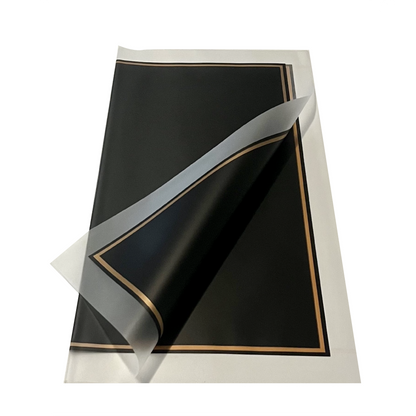 Emballage de fleurs en cellophane : noir semi-transparent avec bordure givrée et bordure dorée (paquet de 20)