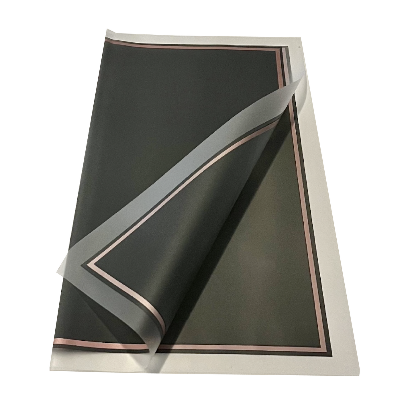 Emballage cellophane pour fleurs : gris transparent avec bordure givrée et bordure or rose (paquet de 20)